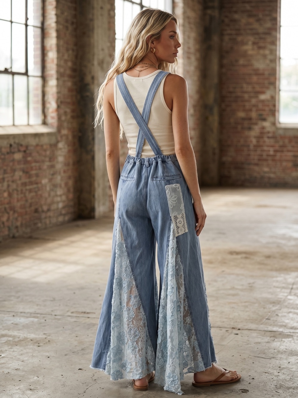 NWT Ultra Wide Leg Flare Lace Panel Patchwork Denim Jean Overalls Jumpsuit - Picture 3 of 10